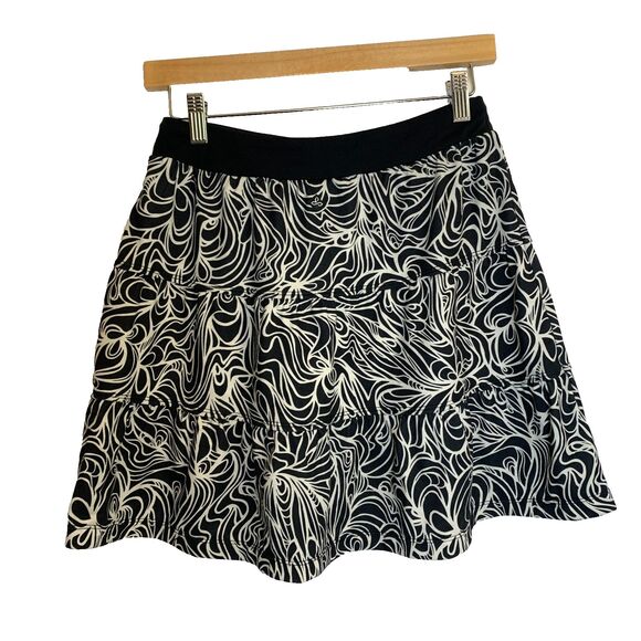 Prana Tiered Ruffle Skirt Black White Abstract Print Size Small Stretch Waist - Picture 2 of 7